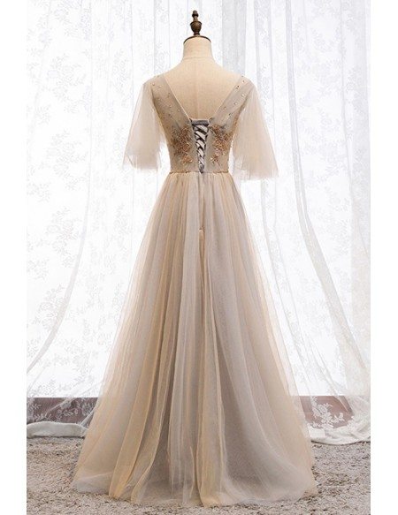 Champagne Tulle Sleeve Long Formal Party Dress With Beading