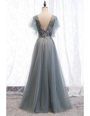 Dusty Grey Blue Tulle Flowy Prom Dress With Puffy Sleeves