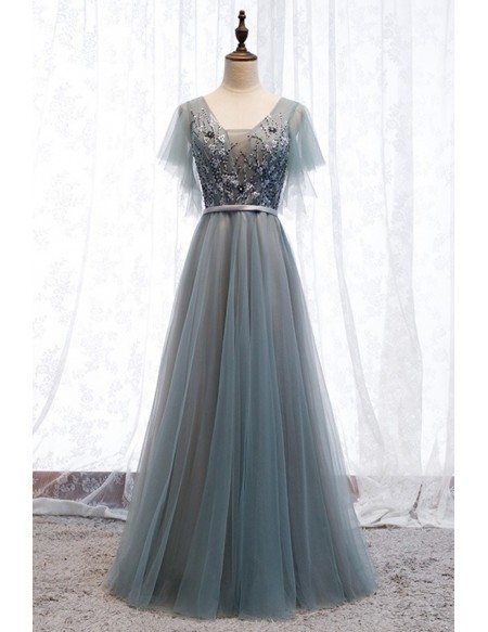 Dusty Grey Blue Tulle Flowy Prom Dress With Puffy Sleeves