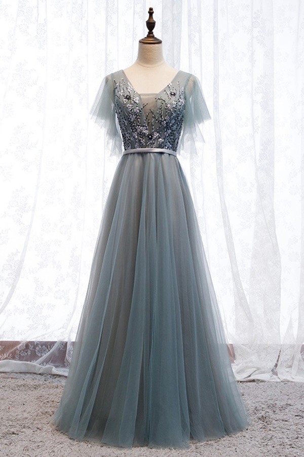 dusty grey blue tulle flowy prom dress with puffy sleeves #MYX67002 ...