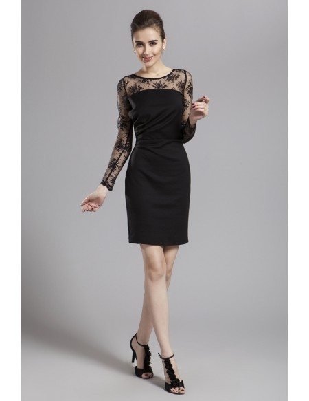 Chic Sheath Black Lace Short Wedding Guest Dress With Long Sleeves