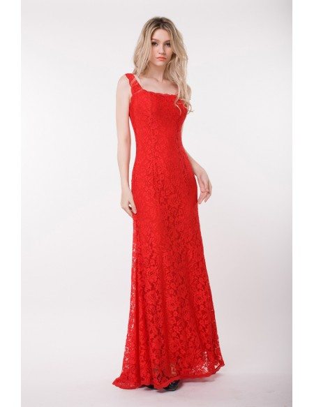 Elegant A-Line Lace Red Dress With Sweep Train