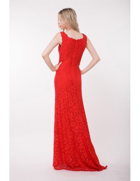Elegant A-Line Lace Red Dress With Sweep Train
