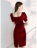 Fitted Short Burgundy Party Dress With Bubble Sleeves