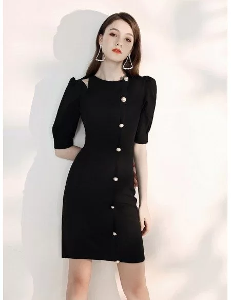 Buttons Tight Little Black Semi Formal Dress With Half Sleeves