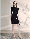 Buttons Tight Little Black Semi Formal Dress With Half Sleeves