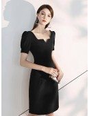 Retro Frenchy Scoop Neck Black Party Dress With Bubble Sleeves