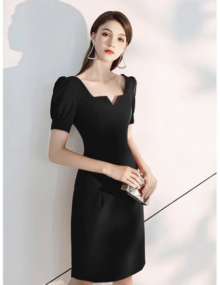 Retro Frenchy Scoop Neck Black Party Dress With Bubble Sleeves