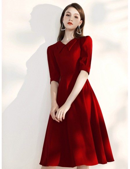 A Line Burgundy Short Sleeved Party Dress With Collar