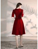 A Line Burgundy Short Sleeved Party Dress With Collar