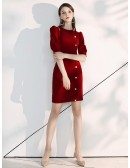 Frenchy Style Short Sleeve Burgundy Party Dress With Buttons