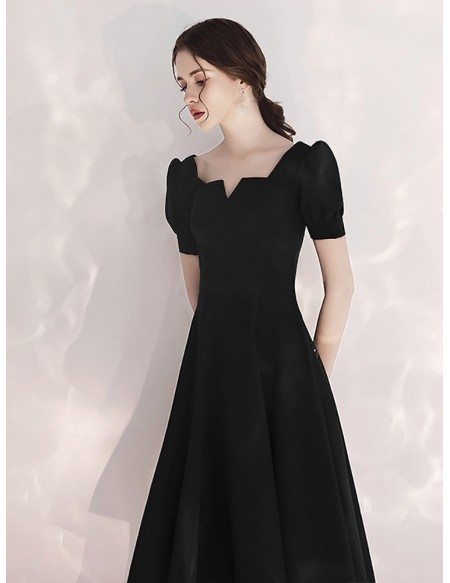 Tea Length A Line Black Formal Dress With Retro Neck #HTX88008 ...