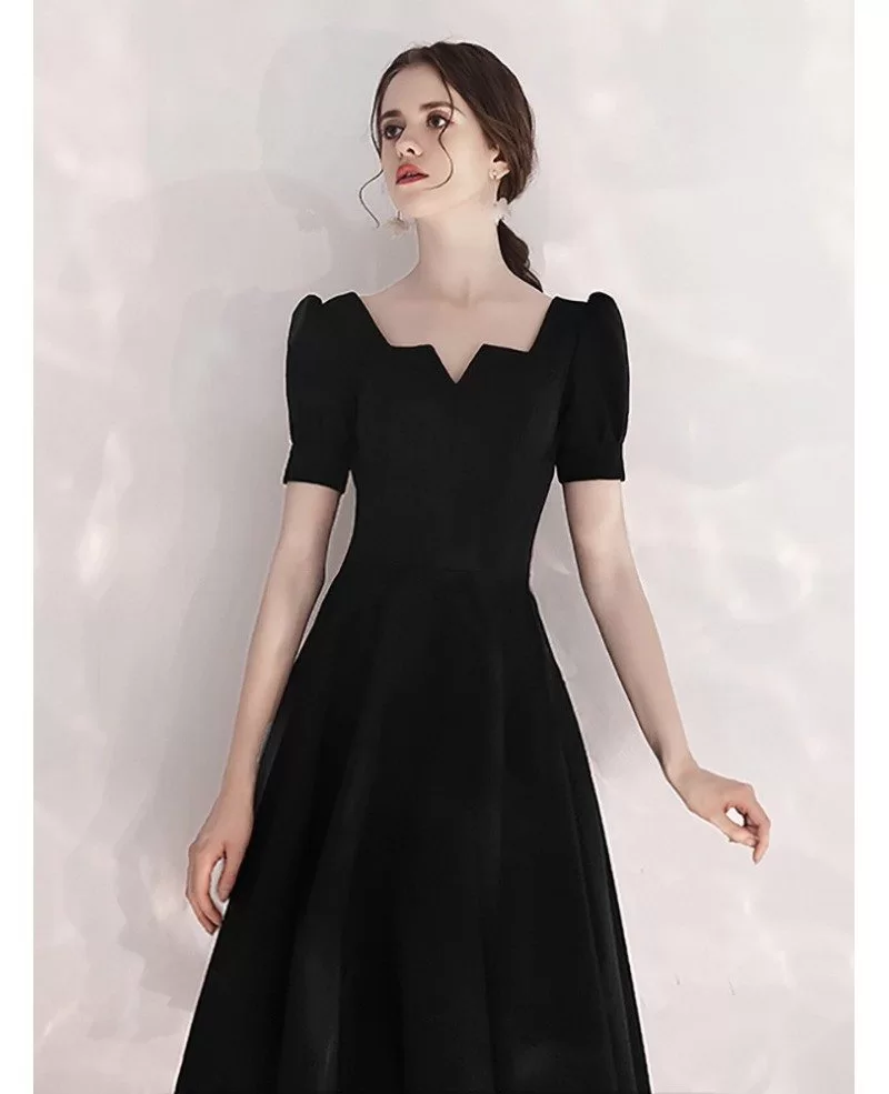 Tea Length A Line Black Formal Dress With Retro Neck HTX88008 GemGrace