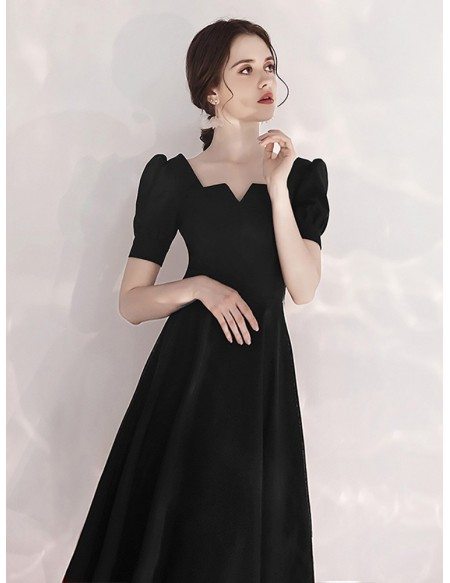 Tea Length A Line Black Formal Dress With Retro Neck