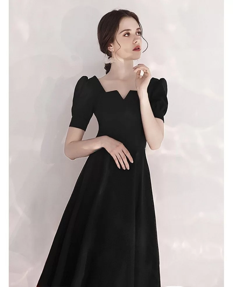 Tea Length A Line Black Formal Dress With Retro Neck #HTX88008 ...