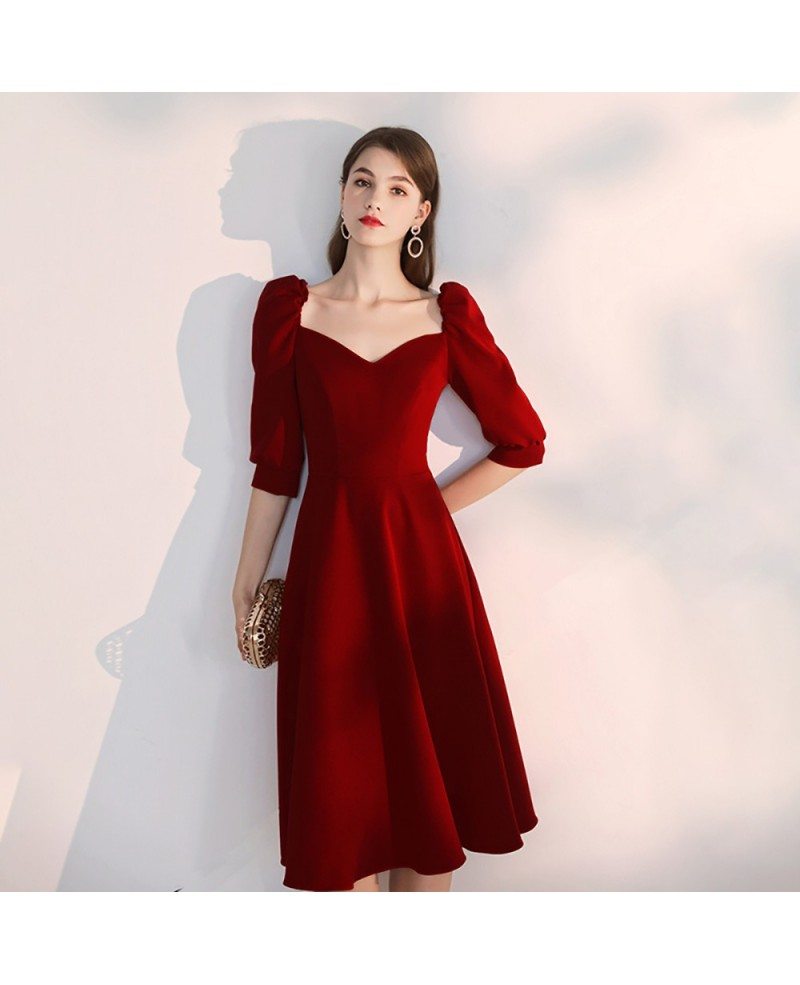 Simple A Line Tea Length Party Dress With V Neck Sleeves #HTX88009 