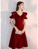 A Line Knee Length Burgundy Party Dress With Ruffled Neckline