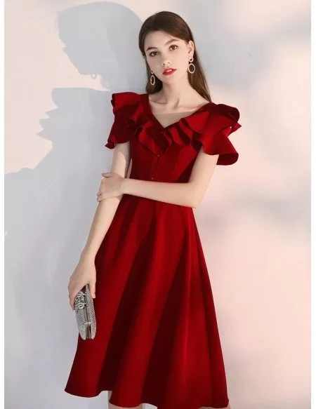 A Line Knee Length Burgundy Party Dress With Ruffled Neckline