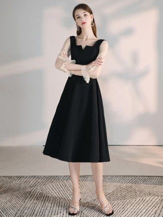 Little Black Cocktail Casual Dress With Sheer Sleeves