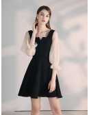 Little Black Cocktail Casual Dress With Sheer Sleeves