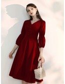 Simple Tea Length Burgundy Party Dress With Sleeves
