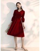 Simple Tea Length Burgundy Party Dress With Sleeves