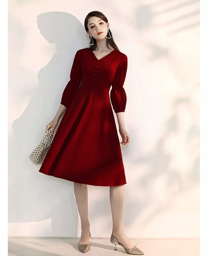 Simple Tea Length Burgundy Party Dress With Sleeves #HTX88012 ...