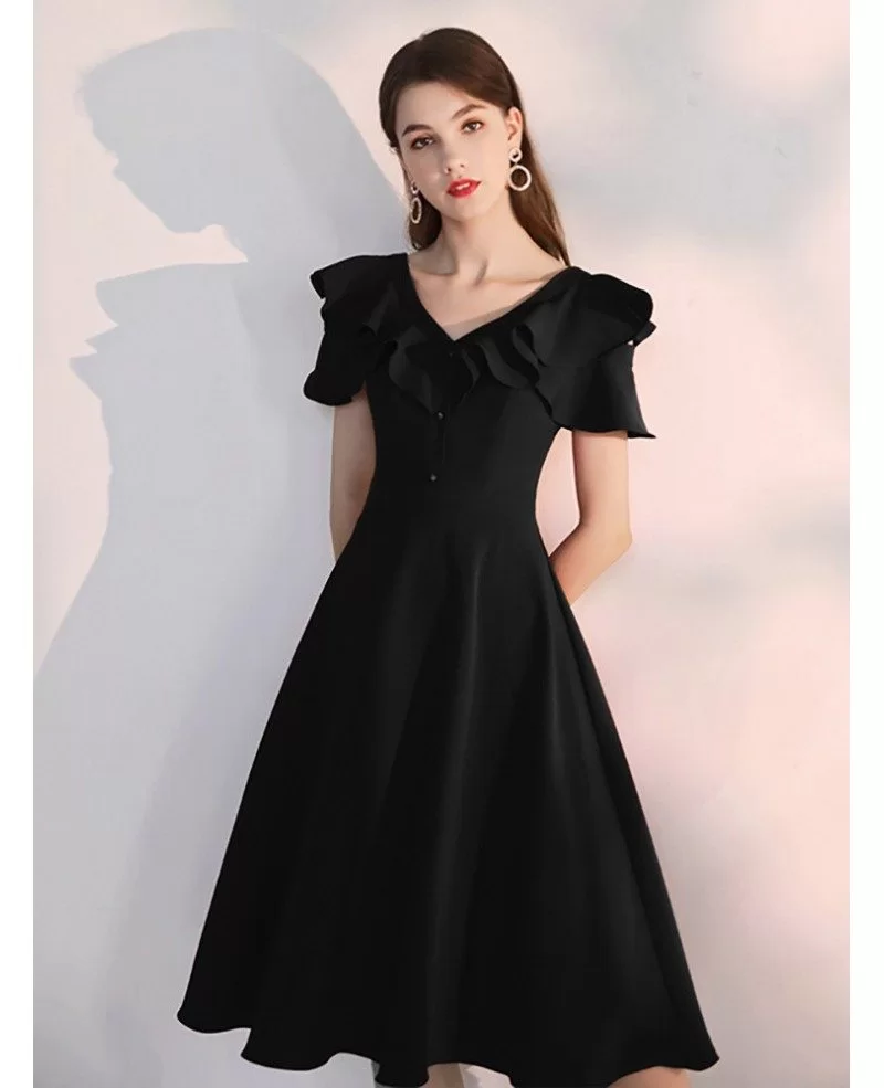 A Line Tea Length Black Semi Formal Dress With Ruffled Sleeves #HTX88013 - GemGrace.com