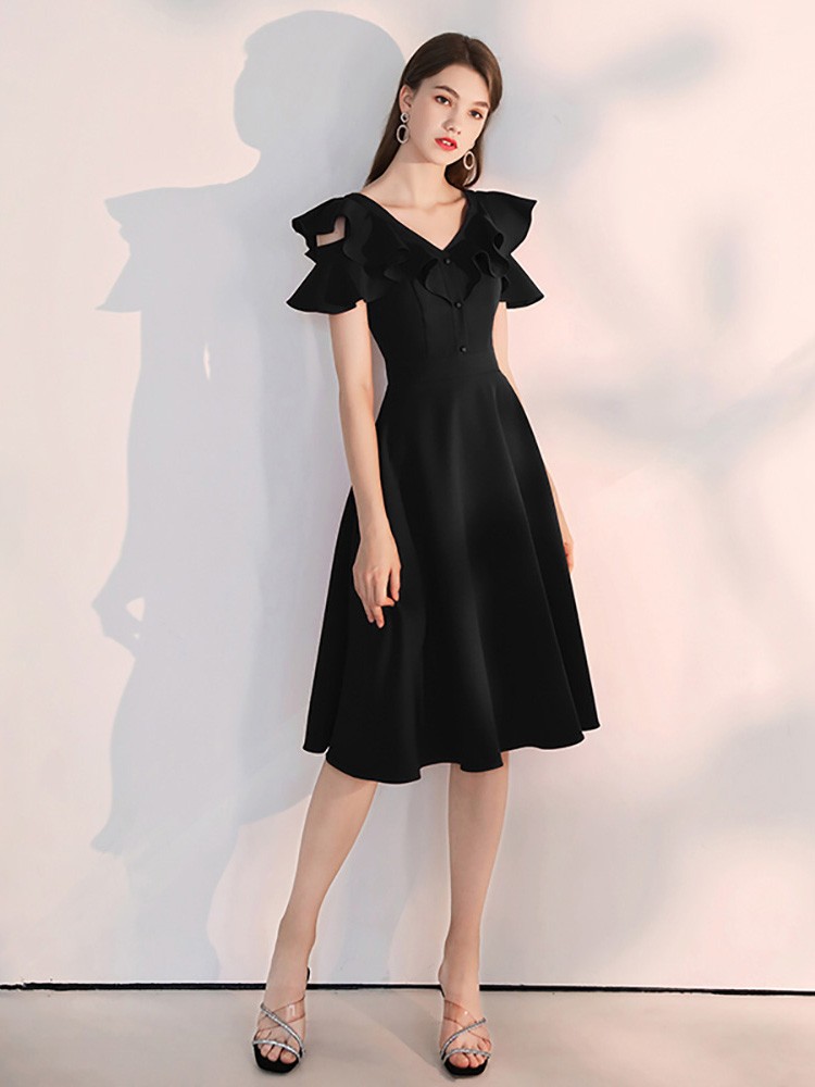 A Line Tea Length Black Semi Formal Dress With Ruffled Sleeves # ...