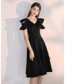 A Line Tea Length Black Semi Formal Dress With Ruffled Sleeves