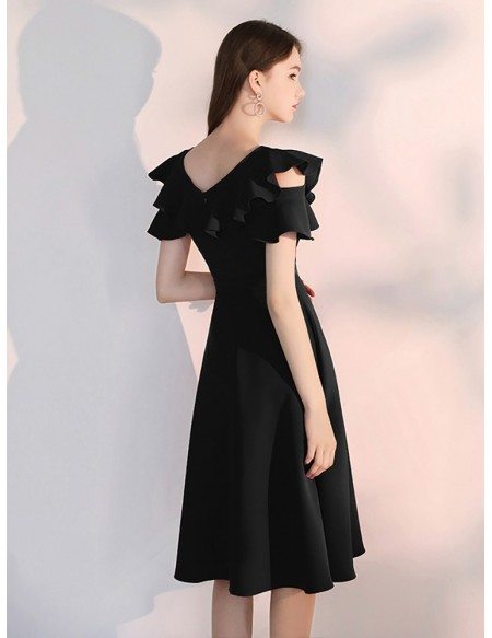 A Line Tea Length Black Semi Formal Dress With Ruffled Sleeves