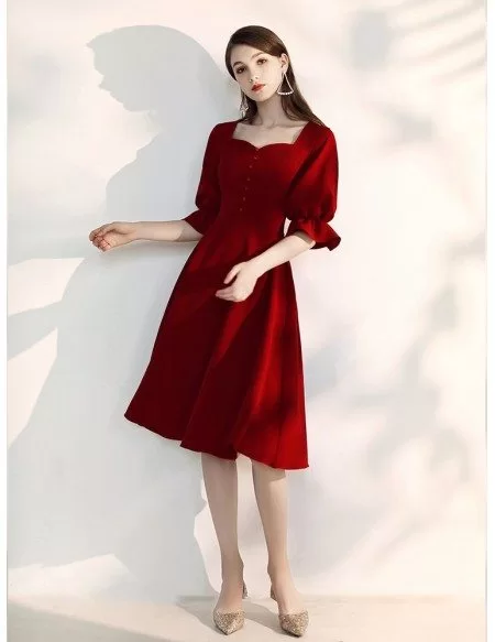 Elegant Tea Length Burgundy Semi Formal Dress With Flare Sleeves # ...