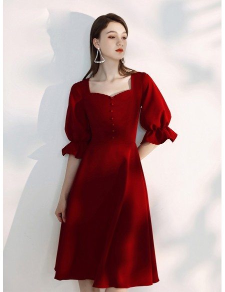 Elegant Tea Length Burgundy Semi Formal Dress With Flare Sleeves