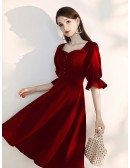 Elegant Tea Length Burgundy Semi Formal Dress With Flare Sleeves