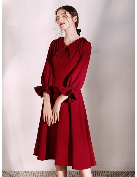 Retro Collar Tea Length A Line Burgundy Dress With Flare Sleeves