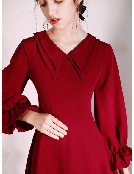 Retro Collar Tea Length A Line Burgundy Dress With Flare Sleeves