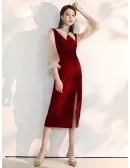 Fitted Tea Length Burgundy Party Dress With Sheer Collar Sleeves