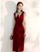 Fitted Tea Length Burgundy Party Dress With Sheer Collar Sleeves