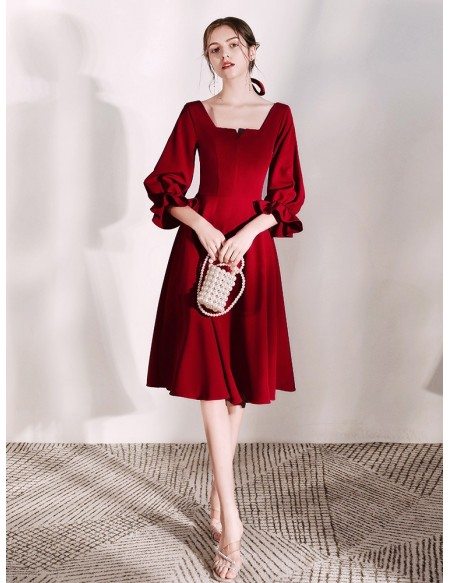 Elegant Scoop Neck Burgundy Short Party Dress With Flare Sleeves