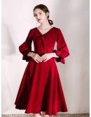 Fashion Short Sleeved Burgundy Party Dress With V Bow Neck
