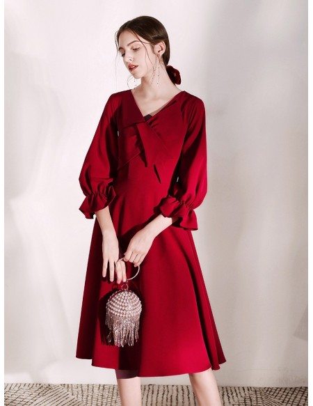 Fashion Short Sleeved Burgundy Party Dress With V Bow Neck