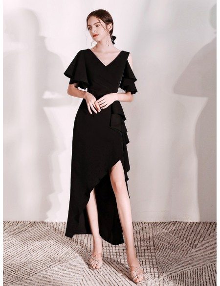 Hi-lo Long Black Formal Dress With Cape Sleeves
