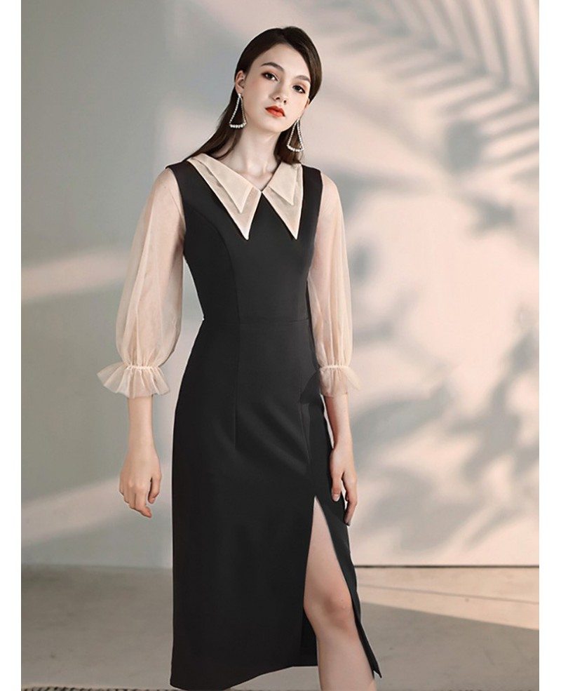 Fitted Mermaid Tea Length Black Dress With Sheer Sleeves #HTX88022 ...