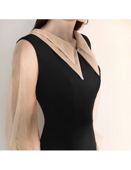 Fitted Mermaid Tea Length Black Dress With Sheer Sleeves
