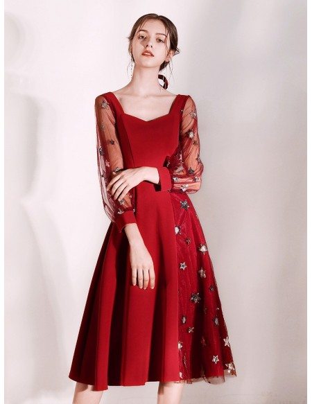 Special Star A Line Scoop Burgundy Dress With Sheer Sleeves #HTX88023 ...