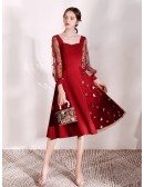Special Star A Line Scoop Burgundy Dress With Sheer Sleeves