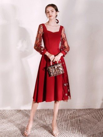 Special Star A Line Scoop Burgundy Dress With Sheer Sleeves