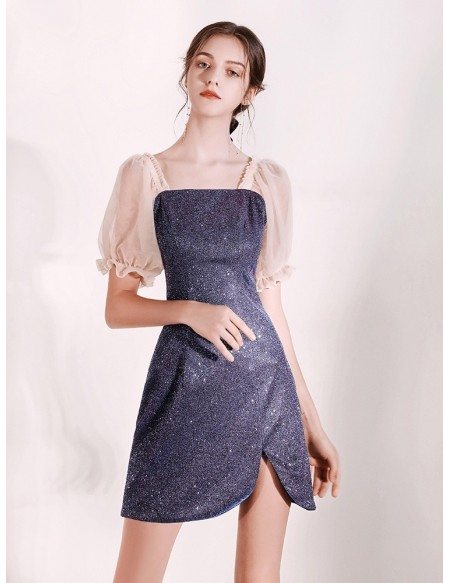 Sparkly Cocktail Silver Scoop Party Dress With Sheet Sleeves
