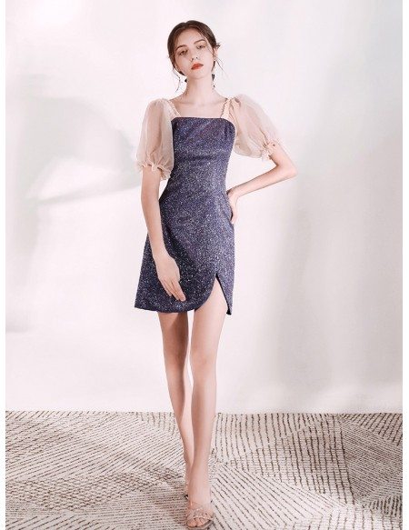 Sparkly Cocktail Silver Scoop Party Dress With Sheet Sleeves