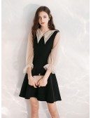 Simple A Line Short Little Black Dress With Sheer Collar Sleeves